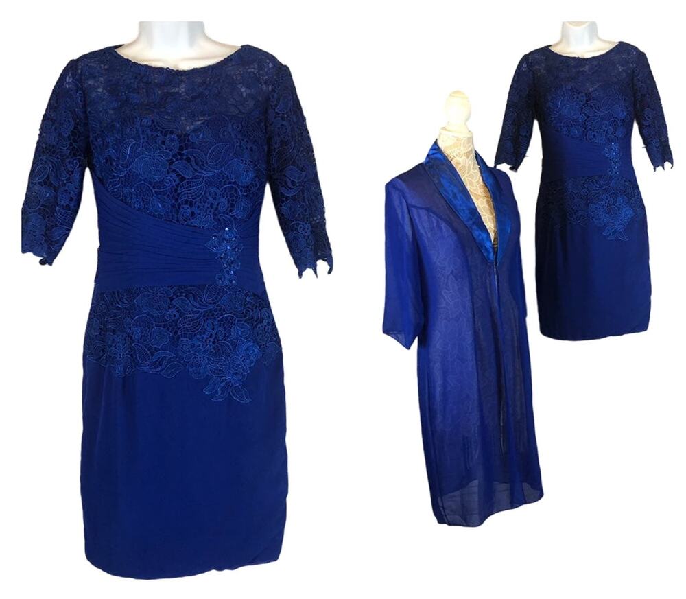 NWT Love Myth evening lace & ruched dress & sheer coat blue size small